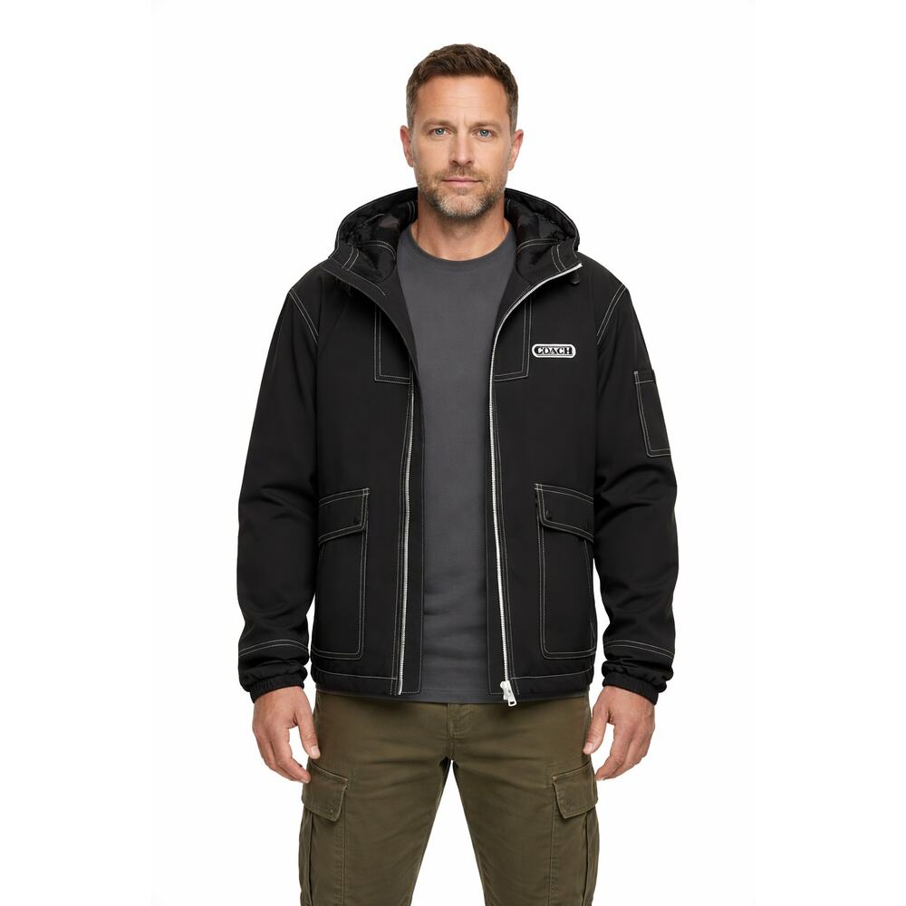 NEW COACH MEN'S MODERN BLACK HOODED WINDBREAKER JACKET XL OR XXL OUTERWEAR
